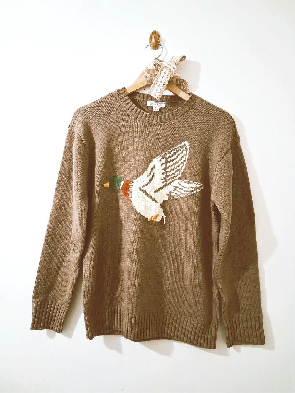 Mighty Fine Taupe Tan Brown Flying Mallard Duck Intarsia Graphic Knit Sweater S